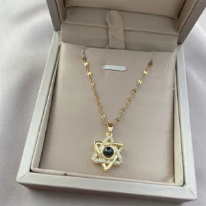 Golden hexagram projection necklace with 100 languages of I love you and zircon accents