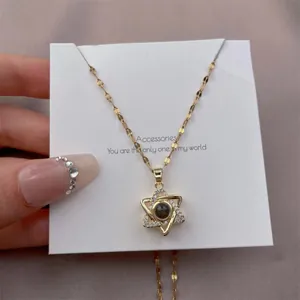 Detail of gold hexagram necklace with projection stone and micro-pave cubic zirconia