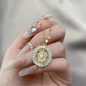 Vintage Jungfrau Maria Halskette mit bunten Zirkonia und goldener Wasserwellenkette