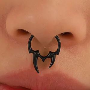 Non-Piercing Copper Nose Clip Horn Shape Septum Ring Gothic Retro Punk Rhinestone Inlaid Faux Body Jewelry For Women Men Unisex