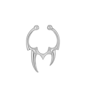 Silver gothic bull horn septum ring for nose, vintage style non-pierced jewelry