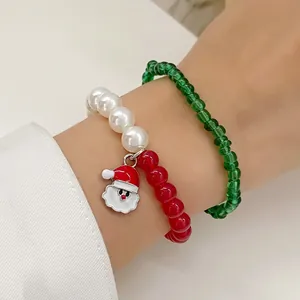 Ensemble de bracelets de Noël avec breloque Père Noël et perles blanches pour cadeau