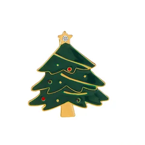 Broche sapin de Noël en émail vert classique avec bordure dorée et strass étincelant