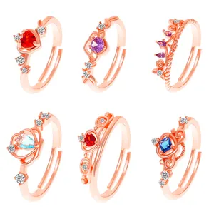 Vintage Roségold Kupfer Krone Herz Ring Für Damen Mode Zirkon Eingelegt Einstellbar Offener Ring Prinzessin Stil Schmuck Finger Geschenk