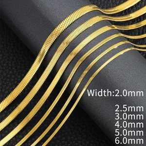 Close-up of gold stainless steel snake chains showing six widths from 2mm to 6mm on black display
