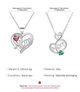 Detailed size specifications for alloy Mom heart pendant necklaces with zircons