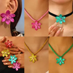 Vintage Alloy Orchid Flower Jewelry Retro Enamel Floral Stud Earrings Drip Oil Necklace Open Ring For Women Vacation Party Gift