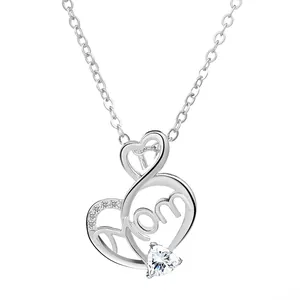 Silver-toned Mom heart necklace with sparkling crystals and a central heart stone