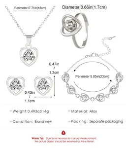 Detaillierte Maße für das Herz-Schmuckset mit Halskette, Ring, Ohrringen und Armband