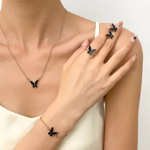 Moda Aleación Mariposa Colección de Joyas para Mujeres Esmalte Mariposa Collar Pendiente Anillo Pulsera Perla Artificial Accesorio