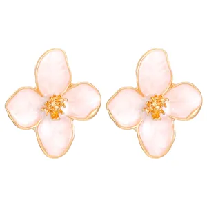 Chic layered pink matte petal flower earrings with golden finish and textured details