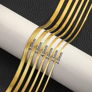 Golden stainless steel herringbone snake chain necklaces in six different widths for men and women