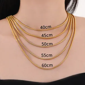 Comparison of various gold snake bone chain lengths from 40cm to 60cm on a model neck