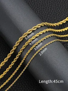 Detail of gold rope chains in 2mm, 3mm, 4mm, and 5mm widths on a professional black stand