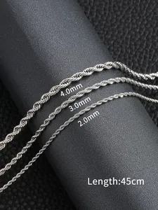 Three silver rope chains in 2.0mm, 3.0mm, and 4.0mm widths on a black display base