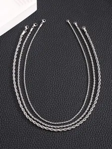 Three-piece stainless steel twist rope chain necklaces with lobster clasps on black leather