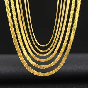Flat gold stainless steel herringbone snake chains in multiple widths for men and women