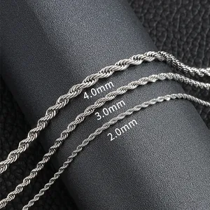 Three sizes of stainless steel rope chains in 2.0mm, 3.0mm, and 4.0mm silver finish