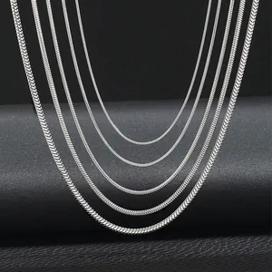 Polished silver stainless steel snake chains in various thicknesses for layered necklaces