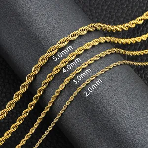 Golden stainless steel rope chains in 2mm to 5mm widths for men and women