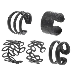 Black 5-piece ear cuff set with hollow leaf and minimalist geometric alloy designs