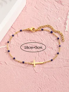 Detailansicht Goldarmband mit blauen Perlen und 18cm+5cm verstellbarer Verlängerung