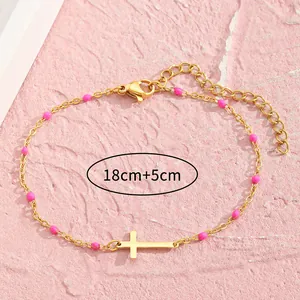 Bunte Edelstahl-Fußkette mit Kreuzanhänger, rosa Perlen und verstellbarer 18cm Kette