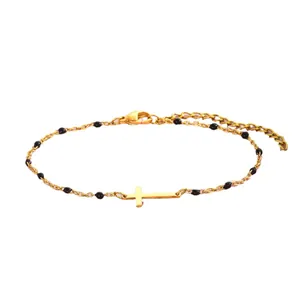 Vergoldetes Edelstahl-Armband mit Kreuzanhängern und schwarzen Perlen für Damen