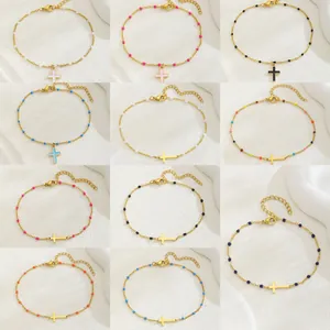 Bracelet de Perles avec Croix en Acier Inoxydable pour Femmes Minimaliste Plaqué Or Perles Colorées Cadeau de Graduation
