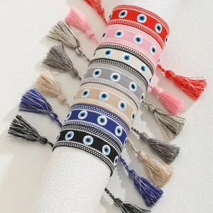 Bohemian Evil Eye Woven Bracelet Handmade Embroidered Tassel Adjustable Fabric Hand String Women Ethnic Fashion Jewelry