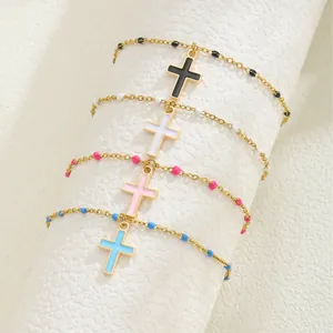 Bracelet croix en acier inoxydable avec perles roses cadeau bijoux minimalistes femmes