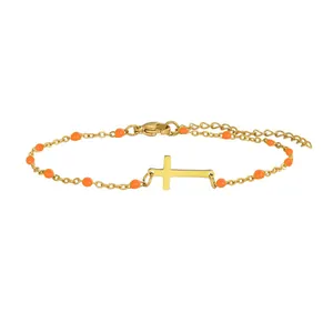 Bracelet croix en acier inoxydable doré avec perles orange et chaîne ajustable