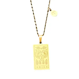 Goldene Widder-Sternzeichen-Halskette mit rechteckigem Anhänger und Gravur für Damen