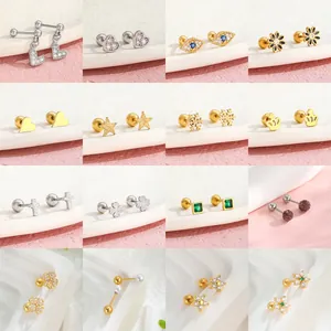 Orecchini a Bottone in Acciaio Inossidabile Con Chiusura a Vite per Donna Intarsiato Zirconia Cuore Malocchio Croce Corona Gioielli