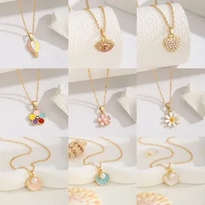 Collier Pendentif Doux Émail Coquillage Fleur Cœur Œil Alliage Plaqué Or Chaîne en O Avec Perle d'Imitation Bijoux pour Femmes