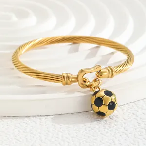 18K gold-plated stainless steel C-shape twisted cuff bracelet with football pendant
