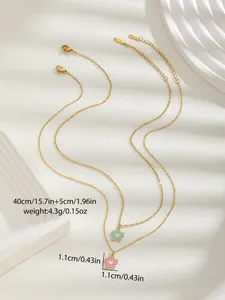Close-up of double-layer gold necklace with colorful flower pendants and 40cm plus 5cm chain