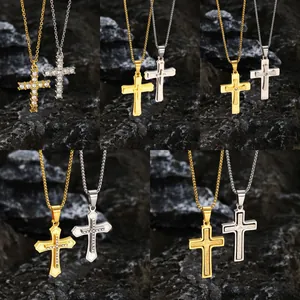 Collar Con Colgante de Cruz de Acero Inoxidable para Mujer y Hombre Oro Plata Diamantes de Imitación Escrituras Grabadas Joyería Religiosa Regalo