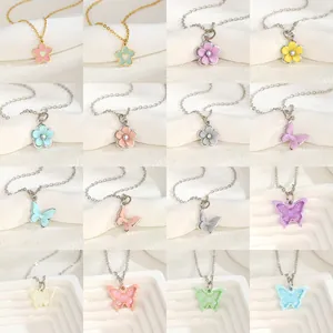 Stainless Steel Necklace For Women Colorful Alloy Flower Butterfly Heart Pendant Fresh Sweet Style Enamel Rhinestone Adjustable Daily Jewelry Gift