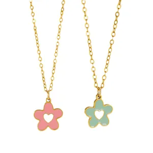 Elegant floral pendant necklace with pink and mint green enamel heart-shaped charms