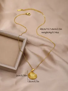 Detailed view of golden shell pendant with 40+6cm chain length and product dimensions