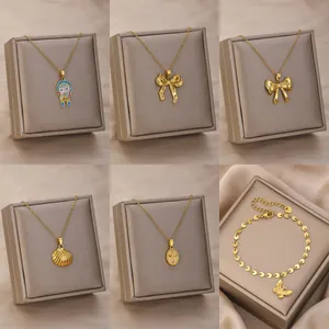 Women Fashion Gold Plated Stainless Steel Alloy Necklace Bowknot Shell Cross Cartoon Pendant Jewelry Bracelet Gift