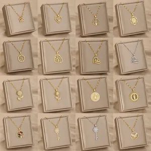Stainless Steel Chain Alloy Zirconia Pendant Necklace Heart Tree Life Virgin Mary Flower Butterfly Women Gold Silver Jewelry