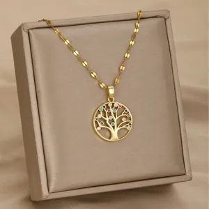Golden stainless steel necklace featuring a colorful crystal-inlaid Tree of Life pendant