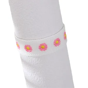 White woven bracelet with pink floral embroidery and fringe trim for women