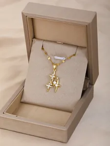 Detalle del collar con colgante de estrella dorada y circonitas en estuche beige