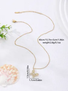 Close-up of golden stainless steel butterfly necklace with crystals and size dimensions