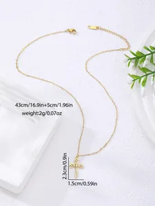 Detail view of gold hollow rose cross pendant with chain measurements and dimensions