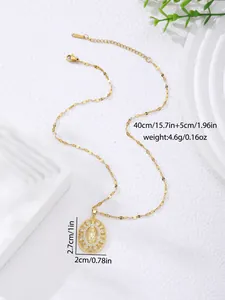 Detail of gold titanium necklace with religious Virgin Mary pendant and hollowed floral edge