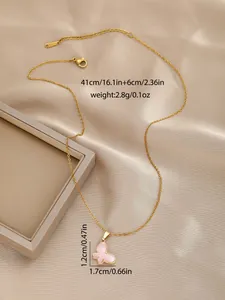 Detail of pink butterfly pendant on gold stainless steel chain with size specifications